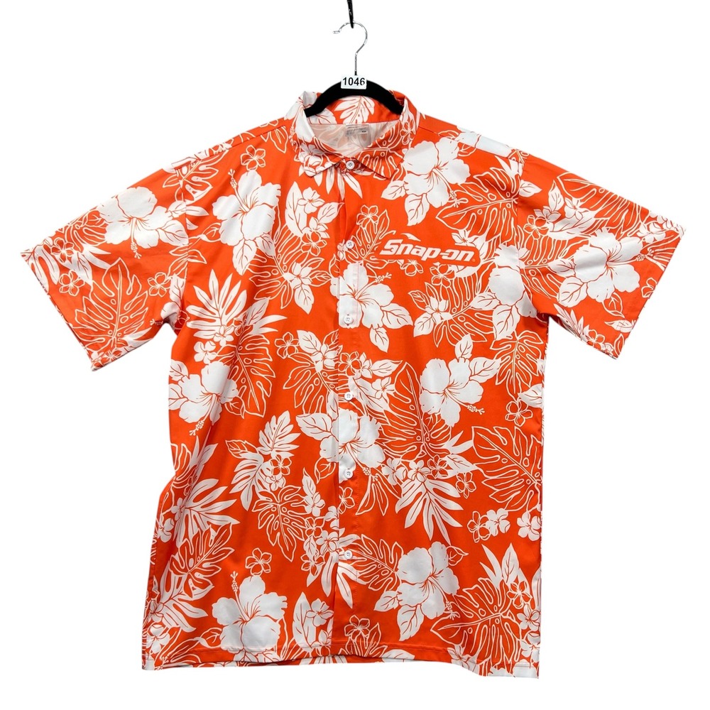 Snap-on Hawaiian Shirt Mens 2X Orange Tropical Floral‎ Hibiscus Button Down